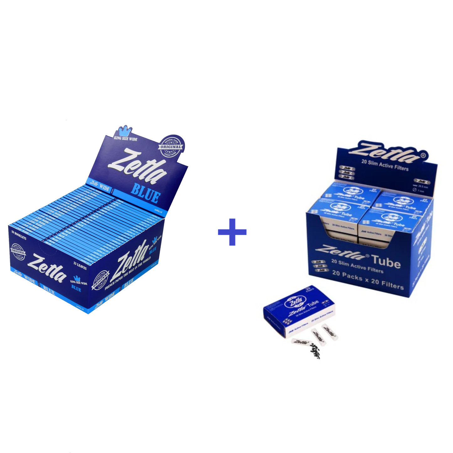 Zetla Rolling Papers Blue King Size Wide (50 Packs) + Zetla Slim Active Filters 20 Pieces (Display)