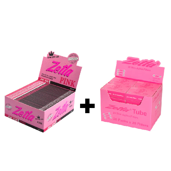 Zetla Rolling Papers Pink King Size Slim (50 Packs) + Zetla Pink Slim Active Filters 20 Pieces (Display)