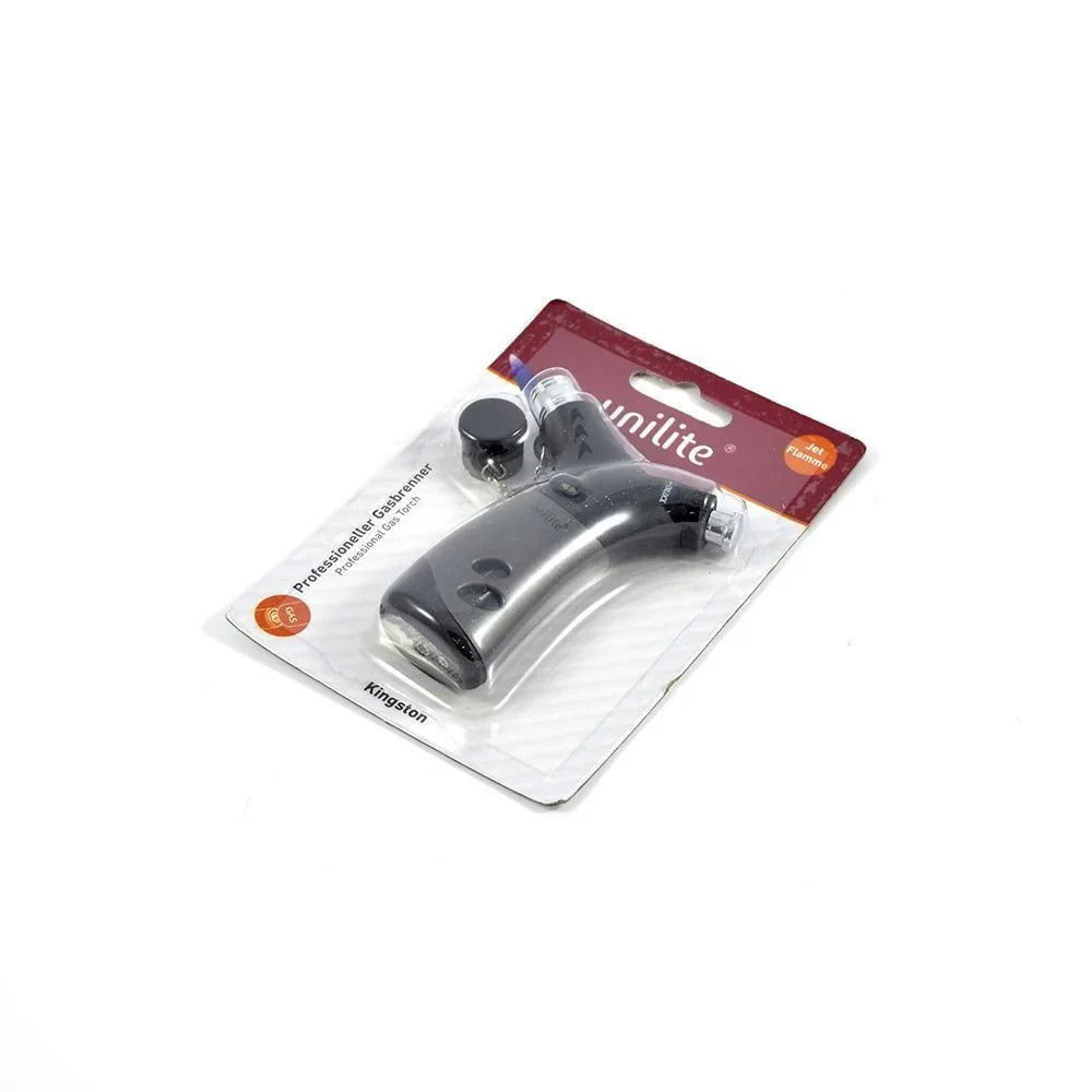 frontview of Zetla black mini jet flame torch lighter 10 cm compact for travel in packaging