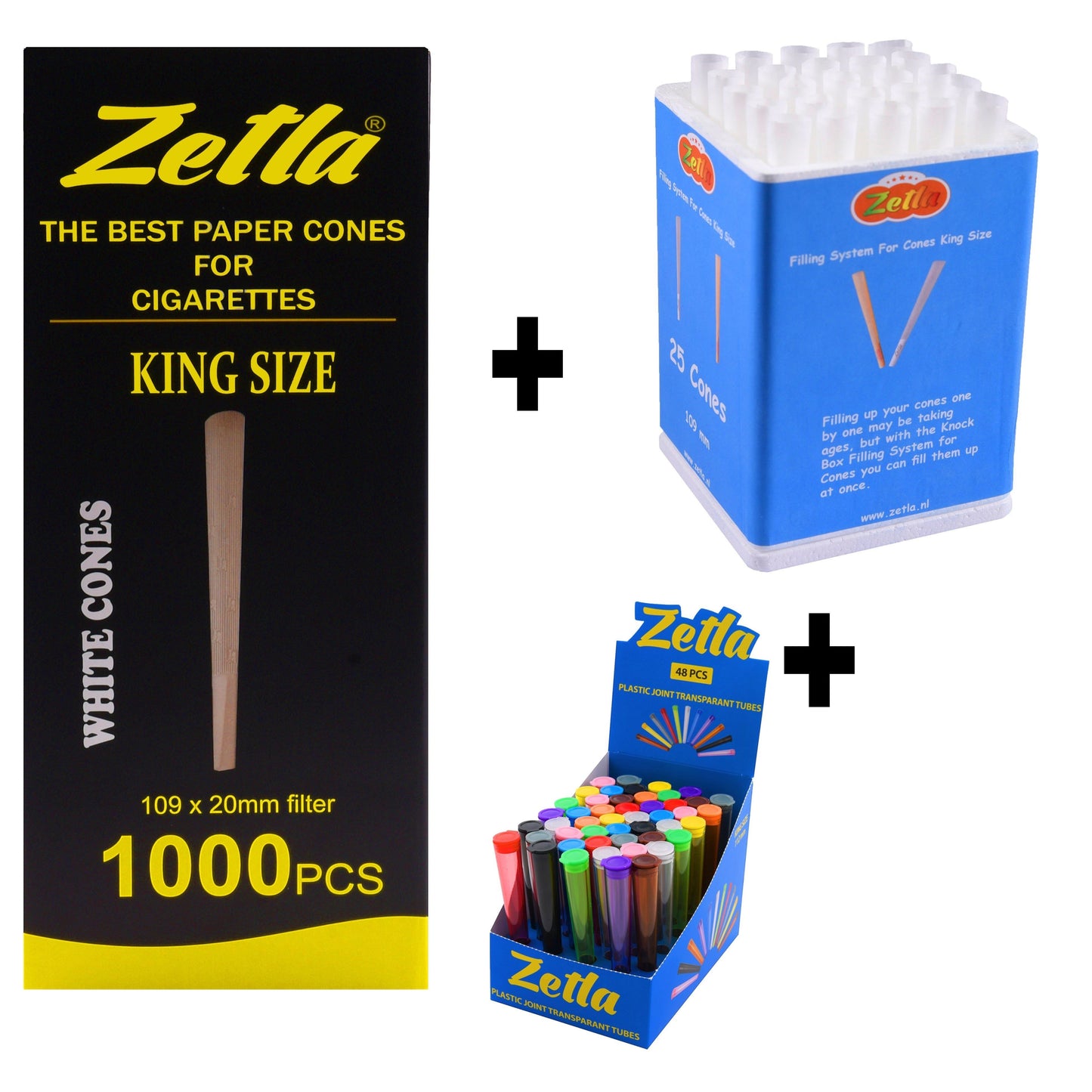 Pre Rolled Cones Zetla King Size (1000 Pcs) + Zetla Joint Tubes Transparent + Knock Box 25 - Zetla