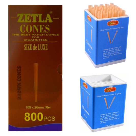 Pre Rolled Cones Zetla Brown King Size Deluxe (800 Pcs) + Knock Box 25 - Zetla