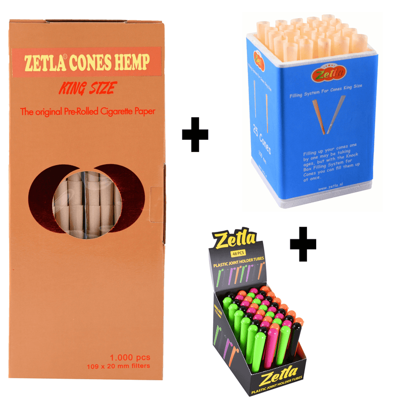 Pre Rolled Cones Zetla Hemp King Size (1000 Pcs) + Knock Box 25 + Tubes 48 - Zetla