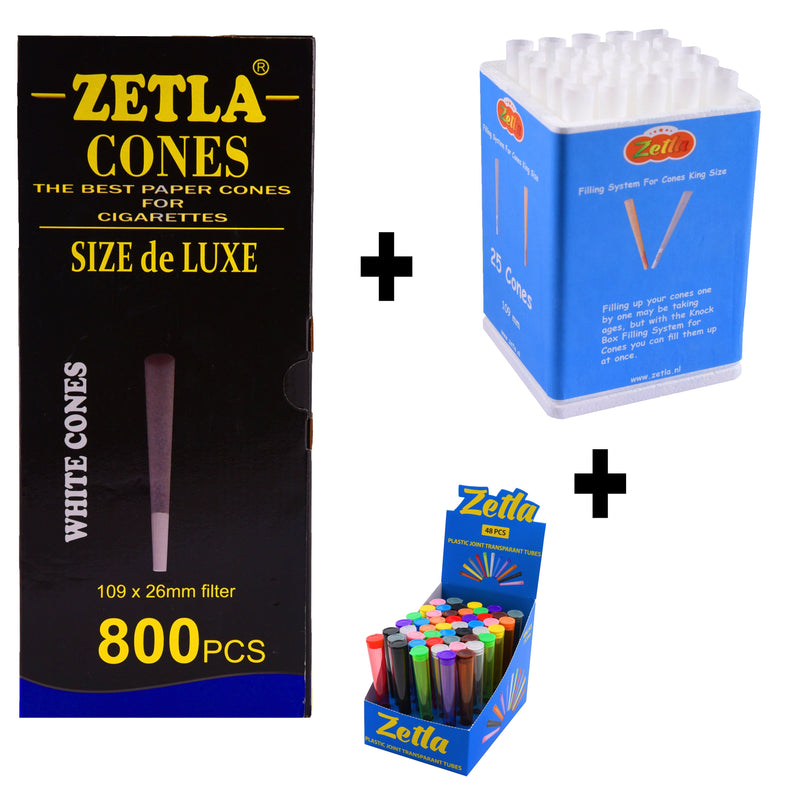 Pre Rolled Cones Zetla King Size De Luxe (800 Pcs) + Knock Box 25 + Tubes 48 Transparant - Zetla