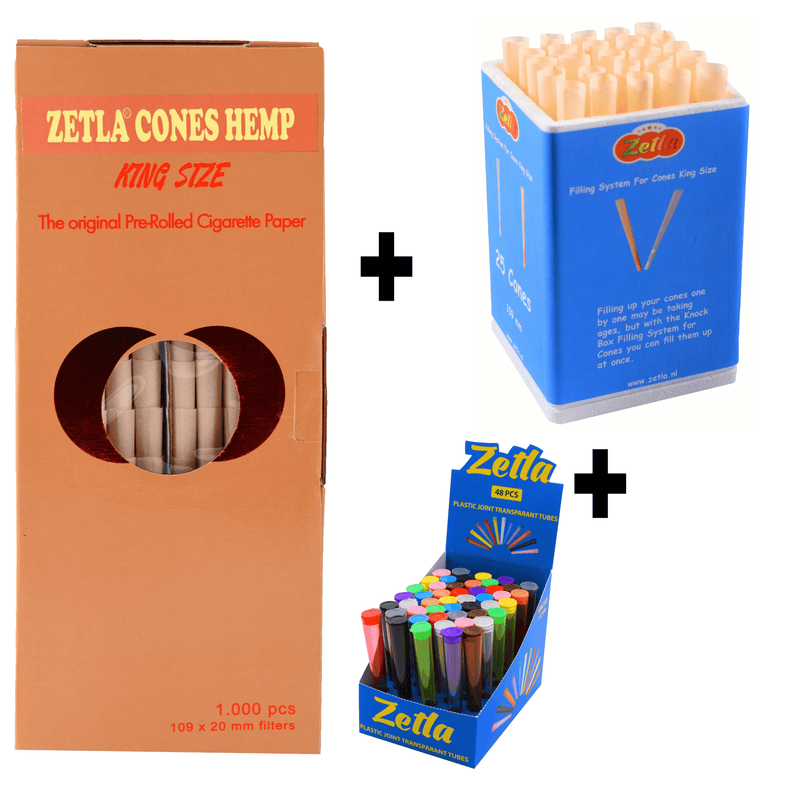 Pre Rolled Cones Zetla Hemp King Size (1000 Pcs) + Knock Box 25 + Tubes 48 Transparant - Zetla
