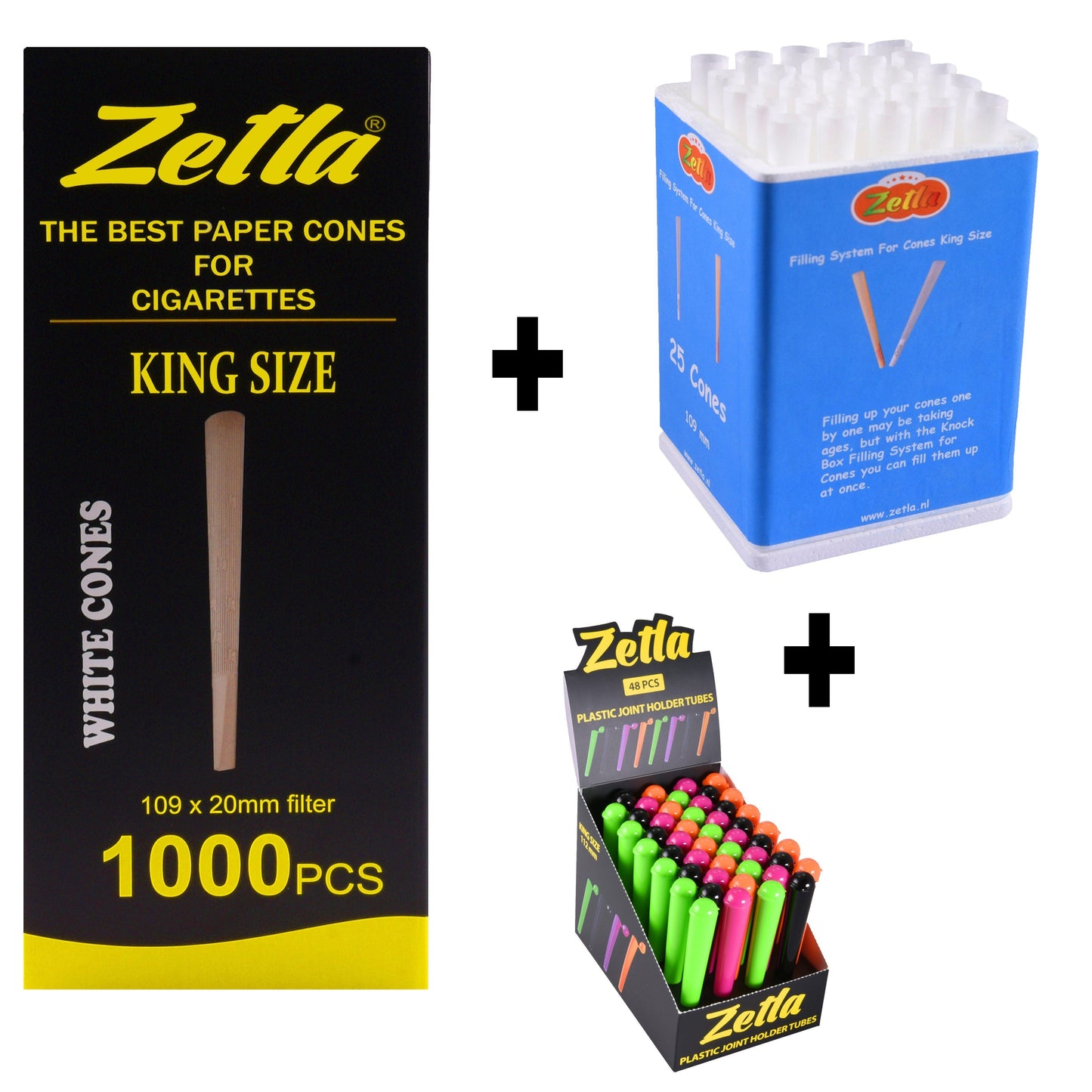Pre Rolled Cones Zetla King Size (1000 Pcs) + Knock Box 25 + Tubes 48 - Zetla