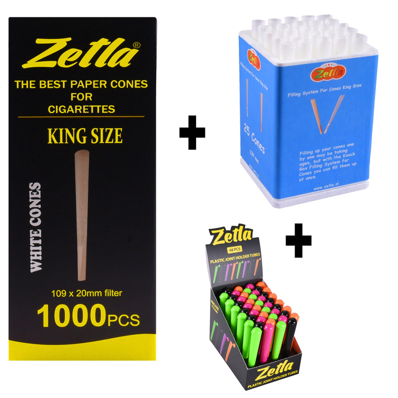 Pre Rolled Cones Zetla King Size (1000 Pcs) + Knock Box 25 + Tubes 48 - Zetla