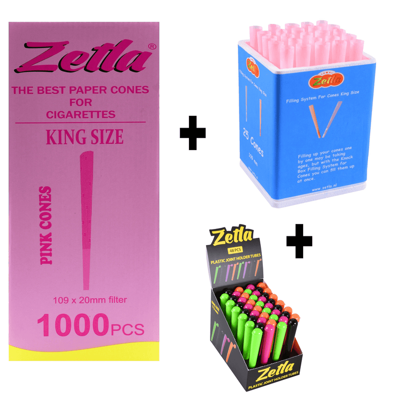 Pre Rolled Cones Zetla Pink King Size (1000 Pcs) + Knock Box 25 + Tubes 48 - Zetla