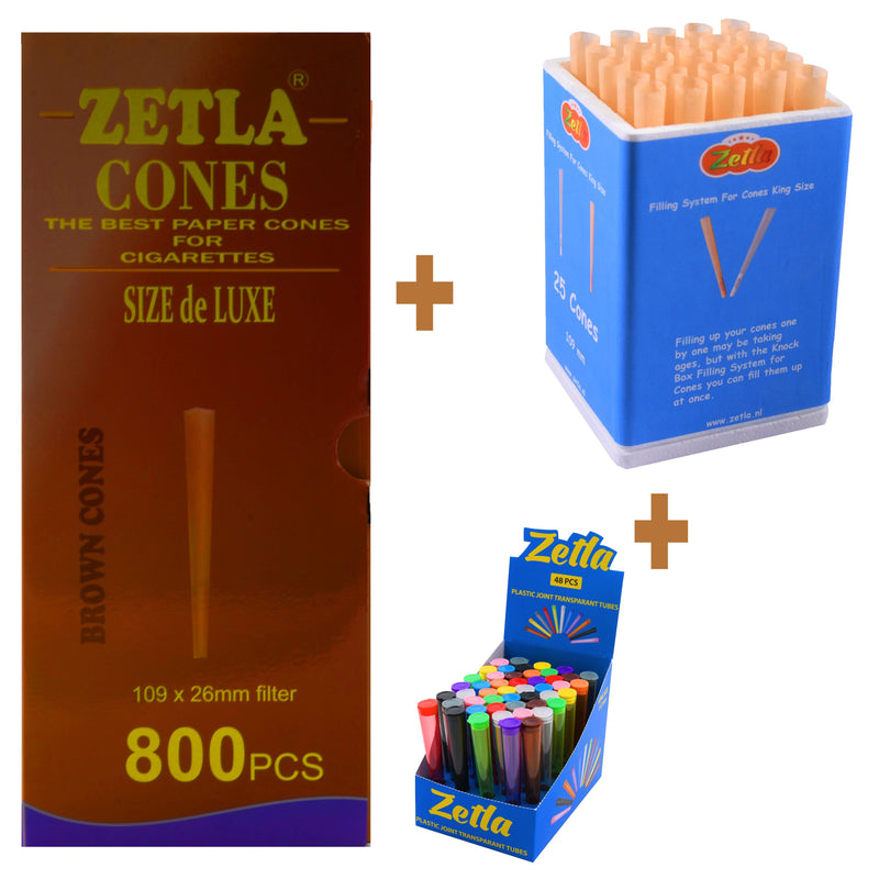 Pre Rolled Cones Zetla Brown King Size Deluxe (800 Pcs) + Knock Box 25 + Tubes 48 Transparant - Zetla