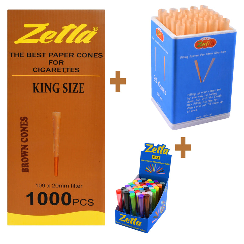 Pre Rolled Cones Zetla Brown King Size (1000 Pcs) + Knock Box 25 + Tubes 48 Transparant - Zetla