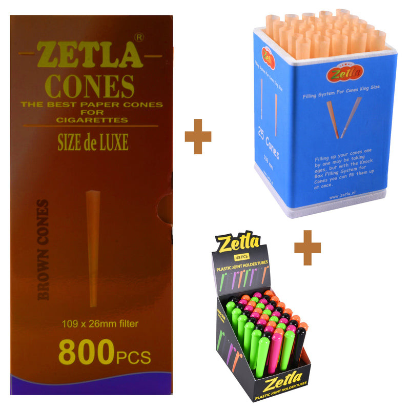 Pre Rolled Cones Zetla Brown King Size Deluxe (800 Pcs) + Knock Box 25 + Tubes 48 - Zetla