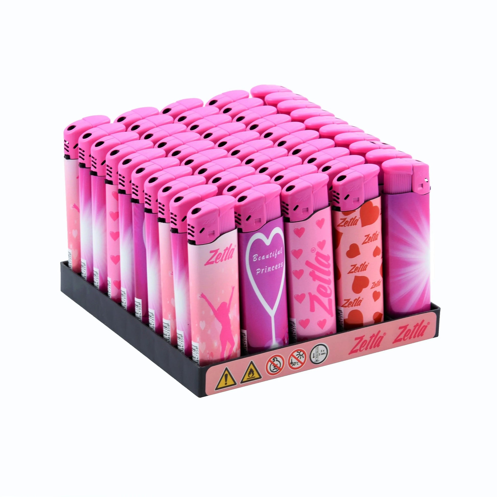 Frontview Zetla Click Lighters Pink– Bulk pack of 50 push button lighters with city-themed design and adjustable flame